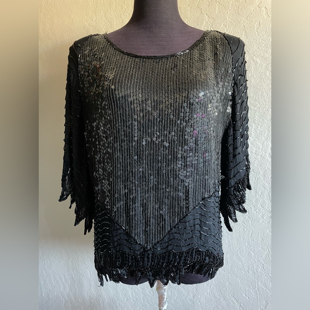 Vintage Elegant Black Beaded silk Top
